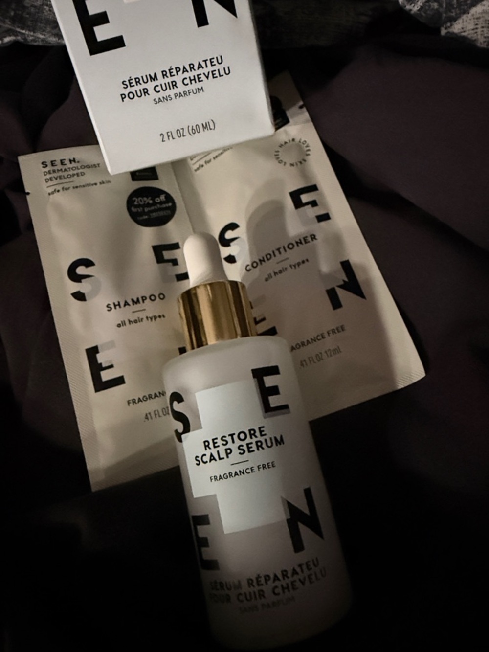 Restore Scalp Serum — Fragrance Free with a packet of shampoo and conditioner